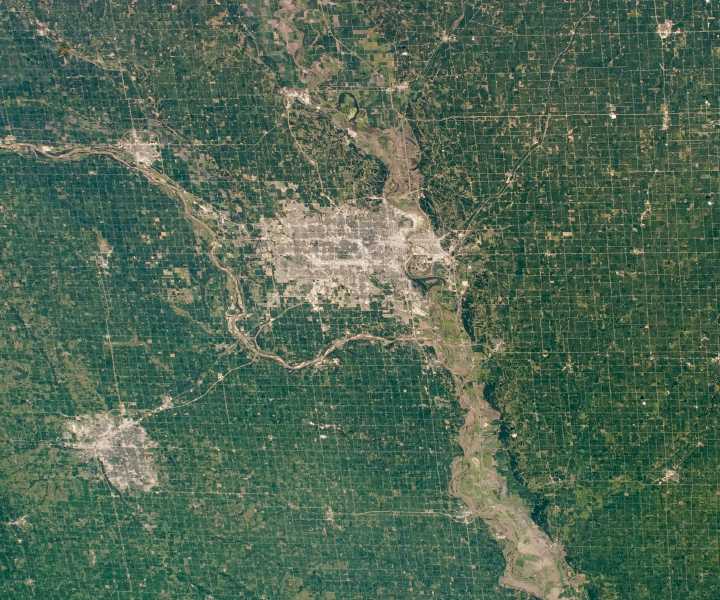 A network of farms and ranches surrounds the cities and small towns near the Nebraska–Iowa border. (Photography courtesy NASA/GSFC)