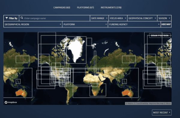 Screenshot of the filters form on the explore page, with the map open to select bounding boxes